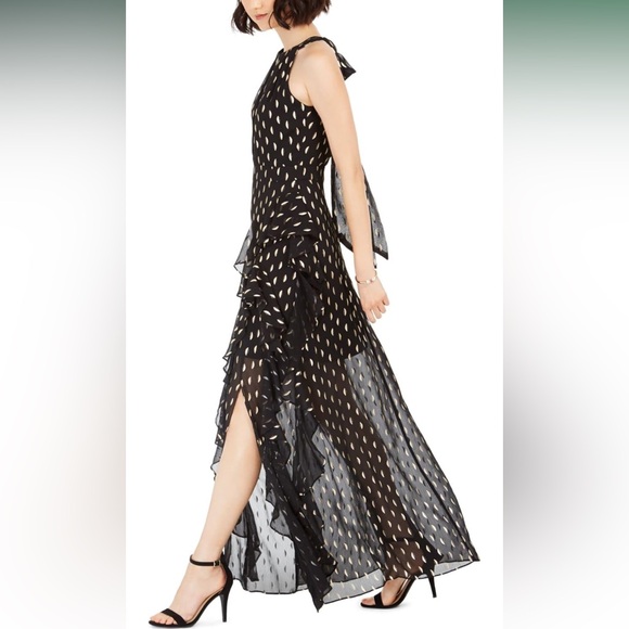 Betsy & Adam Metallic Front Ruffle Slit Halter Nevk Sleeveless Gown - Picture 11 of 17